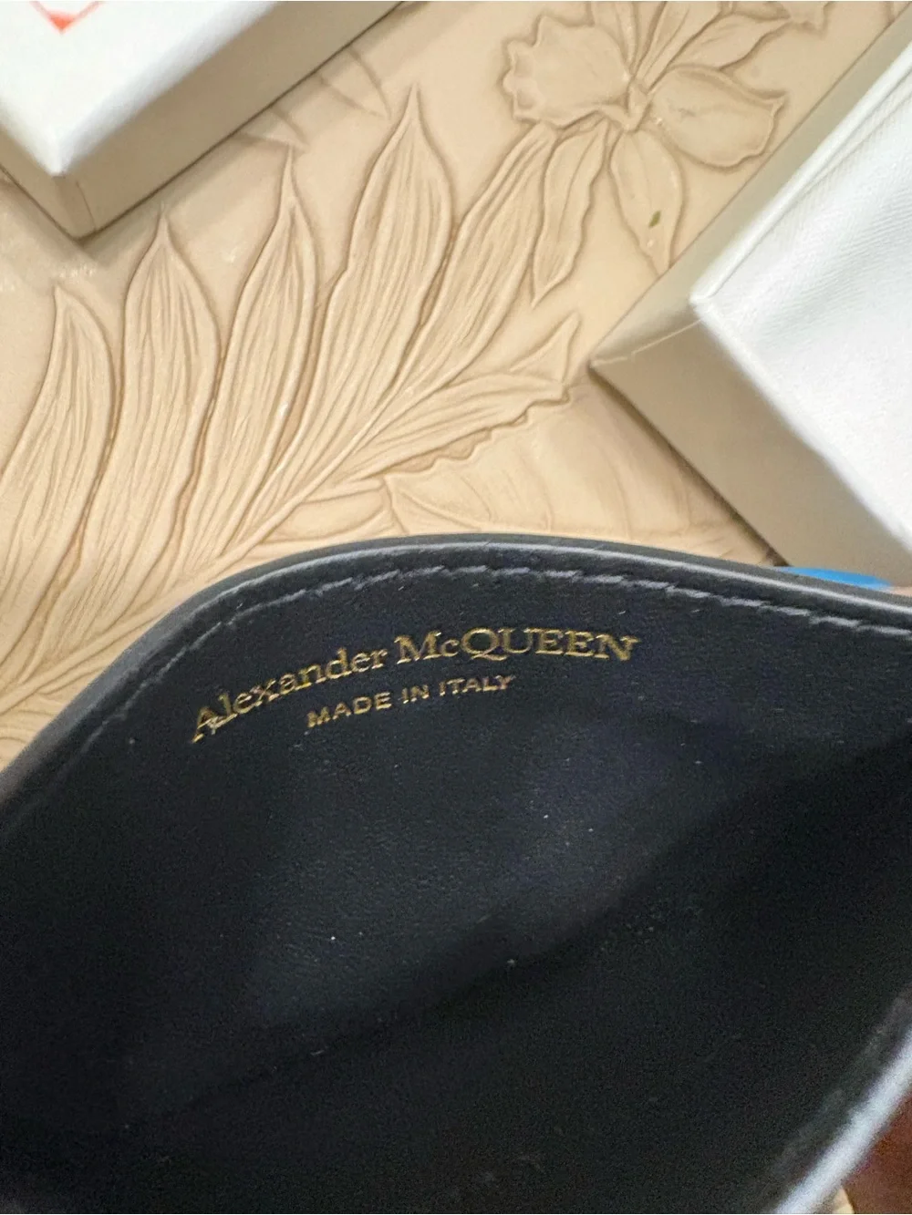 Alexander McQueen Navy Croc-Embossed Card & Key Holder with Gold Skull